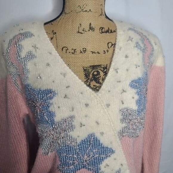 Vintage 90s Dana Scott Wool Pastel Pink Bedazzled Sweater - Picture 2 of 13